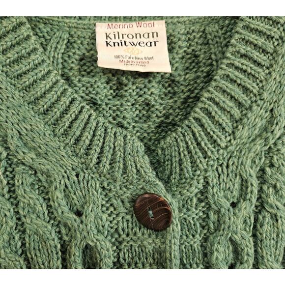 KILRONAM KNITWEAR IRELAND Women's M Cardigan Wool Sweater Green Cable Knit 38" - Picture 3 of 8